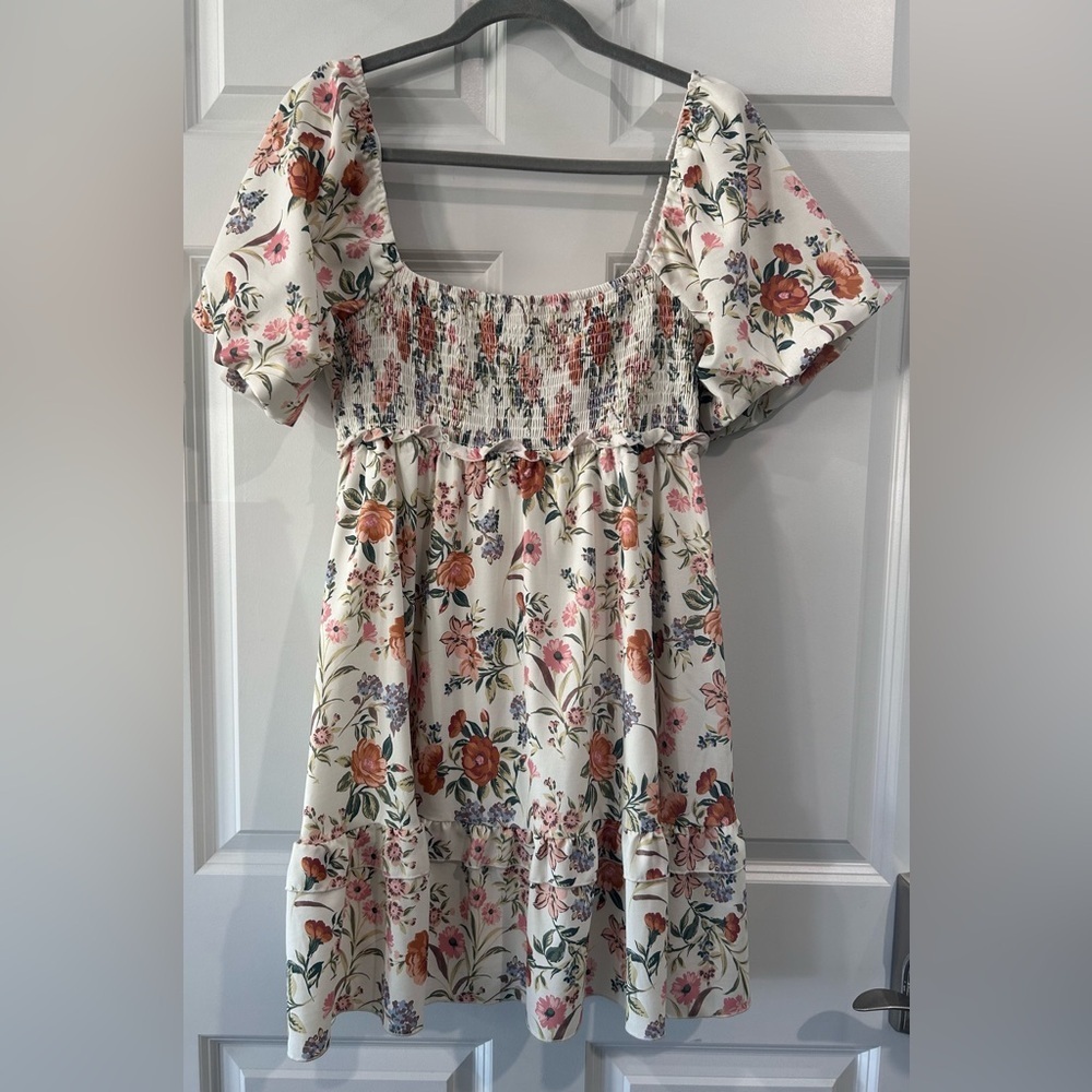 Altar'd State Floral Tiered Mini Dress Size M Smocked Bodice Puff Sleeve Cottage